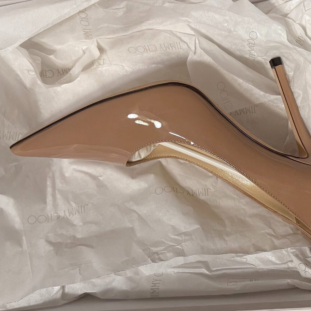 Jimmy Choo Love100 Ballet-Pink Patent-Leather Pointed Pumps with JC Emblem - Picture 4 of 14